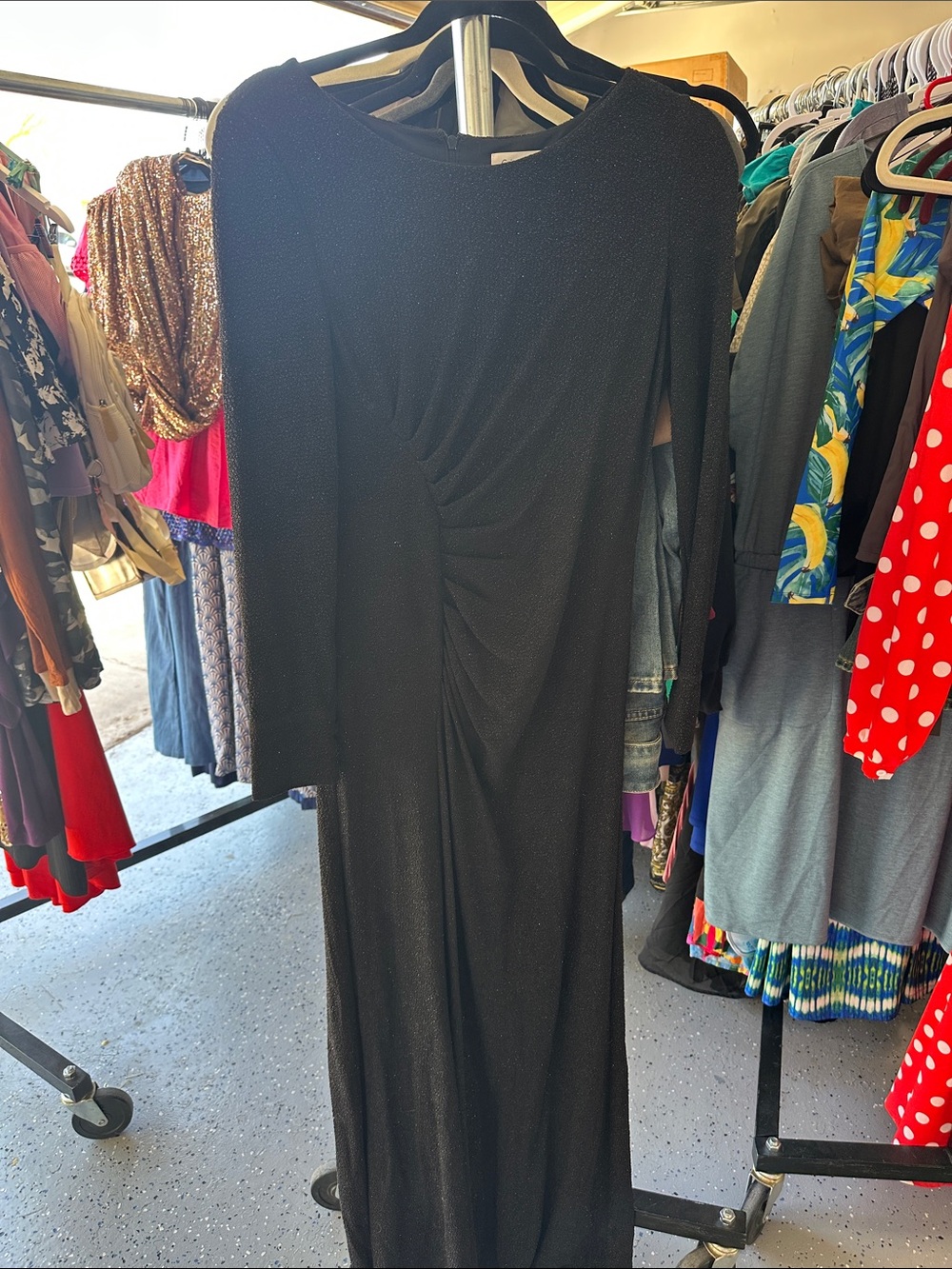 Calvin Klein Sparkly Elegant Black Long Sleeve Ruched Maxi Dress